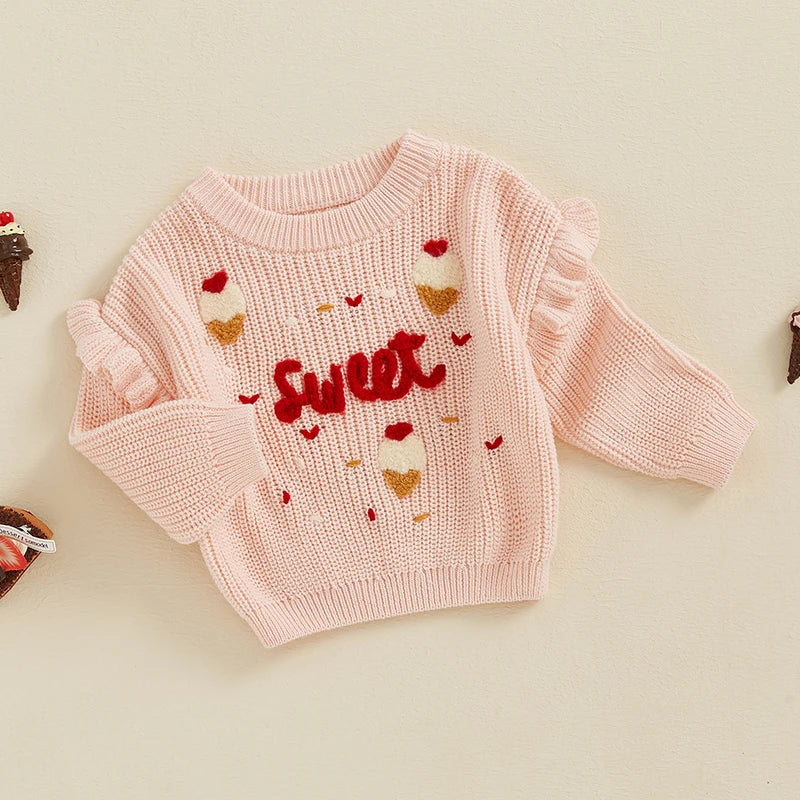 Baby Toddler Girls Valentine's Day Sweater Long Sleeve Round Neck Ice Cream Heart Letters Sweet Embroidery Knit Pullover Top Valentines