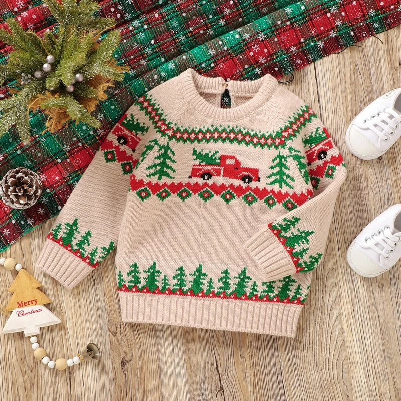 Baby Toddler Boy Girl Christmas Sweater Long Sleeve Round Neck Truck Tree Print Knit Pullover Top