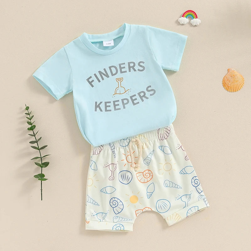 Baby Toddler Boys 2Pcs Finders Keepers / Take Me To The Beach Short Sleeve Letter Print Top and Drawstring Shorts Set