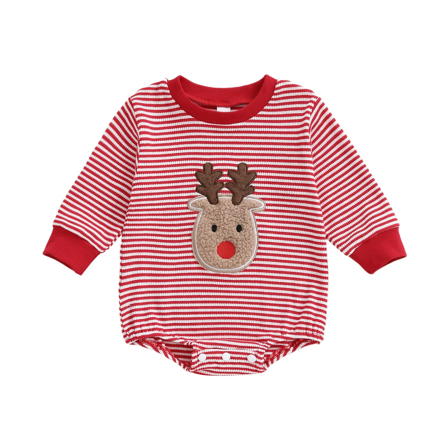 Baby Boys Girls Striped Romper Fashionable Christmas Reindeer Embroidery Round Neck Long Sleeve Jumpsuit