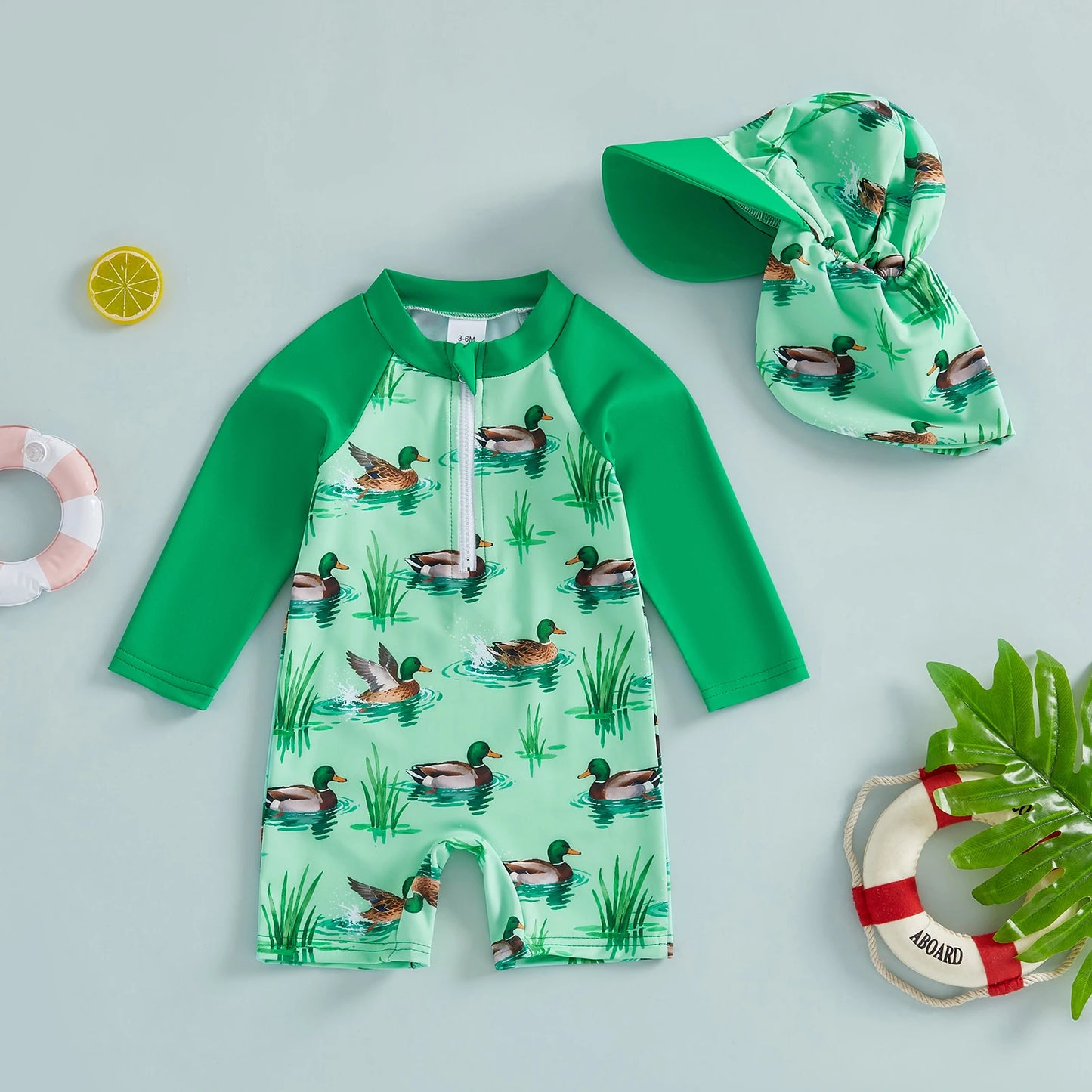 Baby Toddler Boy 2Pcs Rash Guard Swimsuit Shark Duck Print Long Sleeve Zip Up Bathing Suit with Sun Cap Hat Set