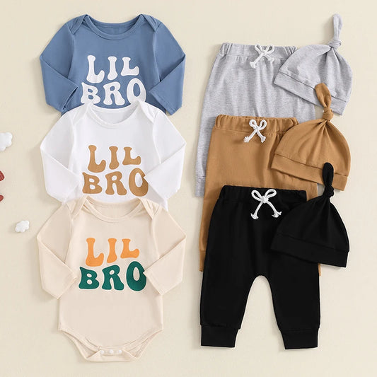 Baby Boys 3Pcs Lil Bro Outfit Letter Print Long Sleeve Romper Elastic Waist Pants Hat Set