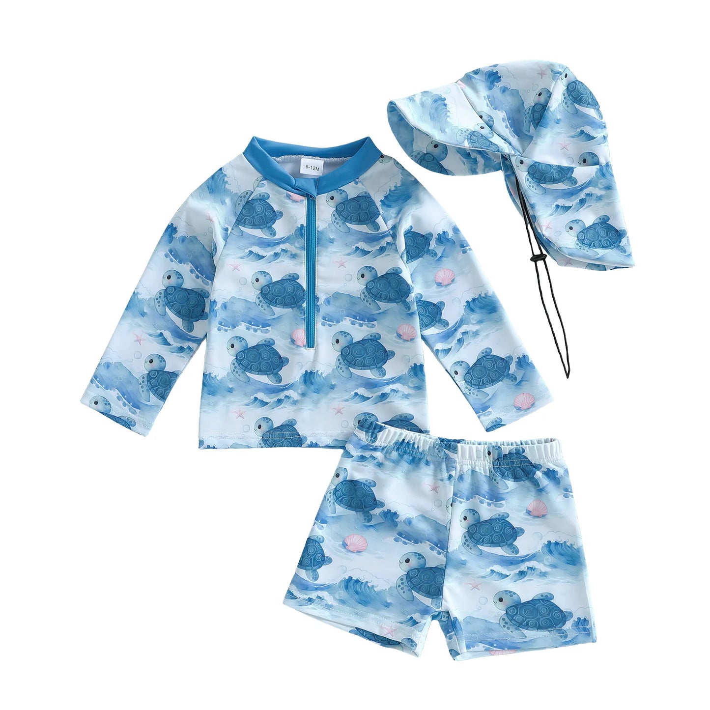 Baby Toddler Boys 3Pcs Rash Guard Swimsuit Set Palm Tree Print Long Sleeve Round Neck Top and Shorts Hat Set