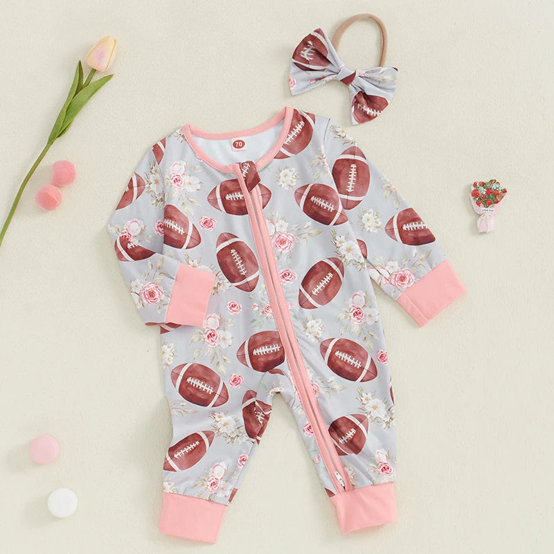 Baby Girl 2Pcs Fall Outfit Long Sleeve Football Flower Print Jumpsuit Zipper Romper with Headband Bow Set