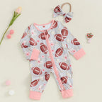 Baby Girl 2Pcs Fall Outfit Long Sleeve Football Flower Print Jumpsuit Zipper Romper with Headband Bow Set