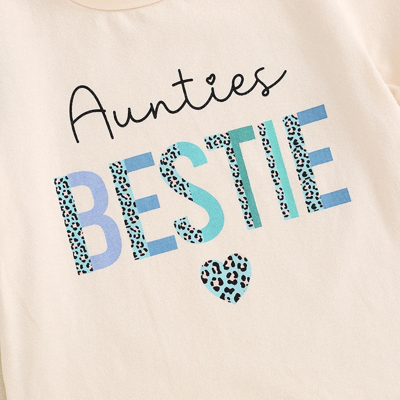 Baby Girls 2Pcs Auntie's Bestie Summer Outfit Leopard Letter Heart Print Short Sleeve Top and Elastic Shorts Set Summer Clothes