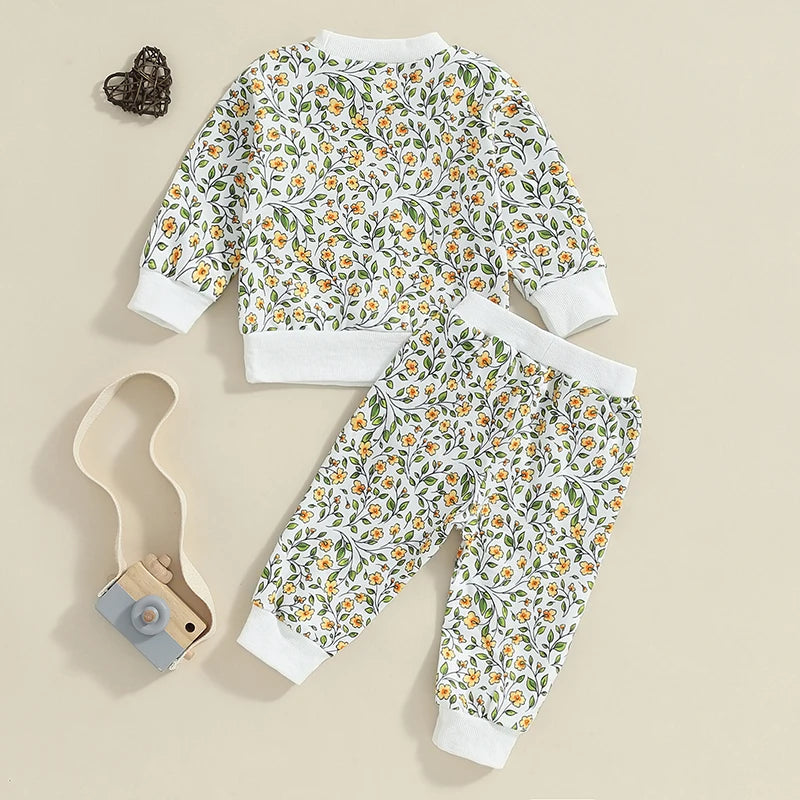 Baby Toddler Girls 2Pcs Outfit Floral Flowers Long Sleeve Crew Neck Top with Elastic Waist Pants Set