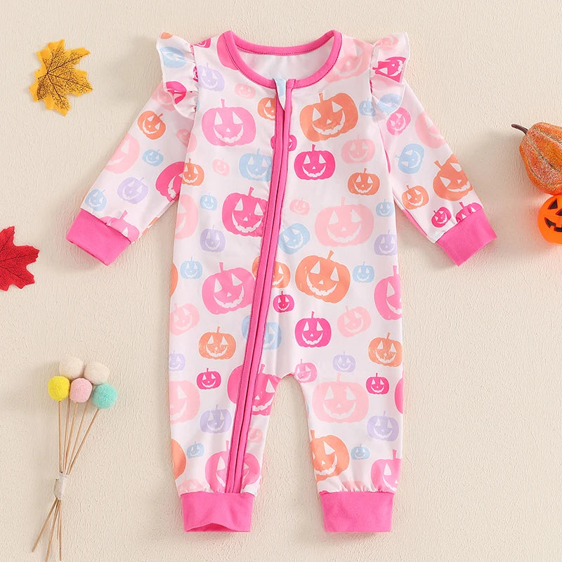 Baby Girls Halloween Romper Pumpkin Print Ruffle Trim Long Sleeve Full Length Zipper Jumpsuit for Fall