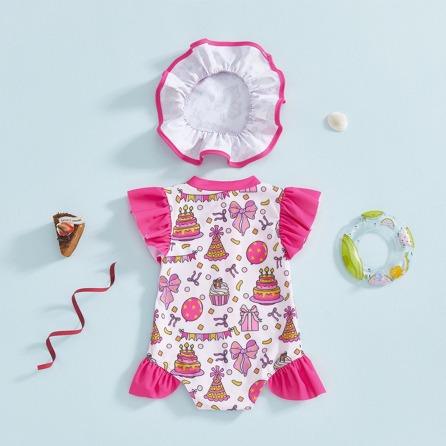 Baby Toddler Girls 2Pcs Swimsuit Set Bow Cake Birthday Print Flying Sleeve Zip-up Bathing Suit with Hat Outfit
