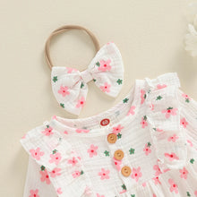 Load image into Gallery viewer, Baby Girl 2Pcs Outfit, Long Sleeve Crew Neck Floral Flowers Romper with Hairband Bow Set
