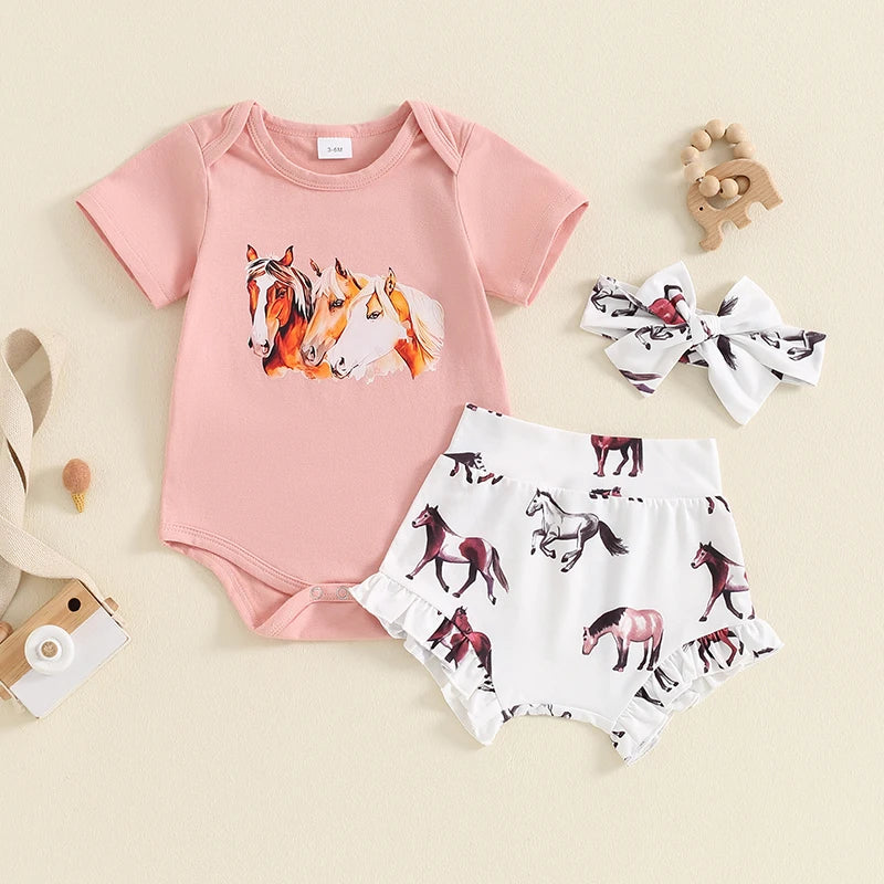 Baby Girls 3Pcs Summer Set Short Sleeve Romper Western Horse Print Bloomers Shorts Headband Set Outfit