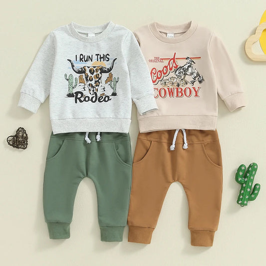 Baby Toddler Boys 2Pcs I Run The Rodeo Cowboy Clothes Set Long Sleeve Crew Neck Letters Western Cow Print Top with Elastic Waist Pants Set