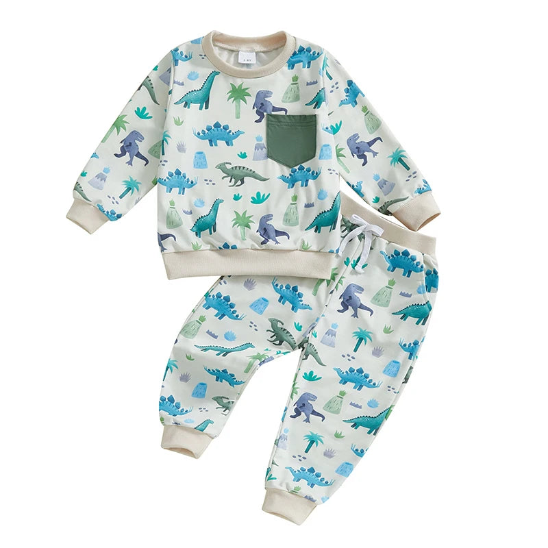 Toddler Kids Boys 2Pcs Outfit Dinosaur Print Long Sleeve Top with Pants Fall Outfit Jogger Set