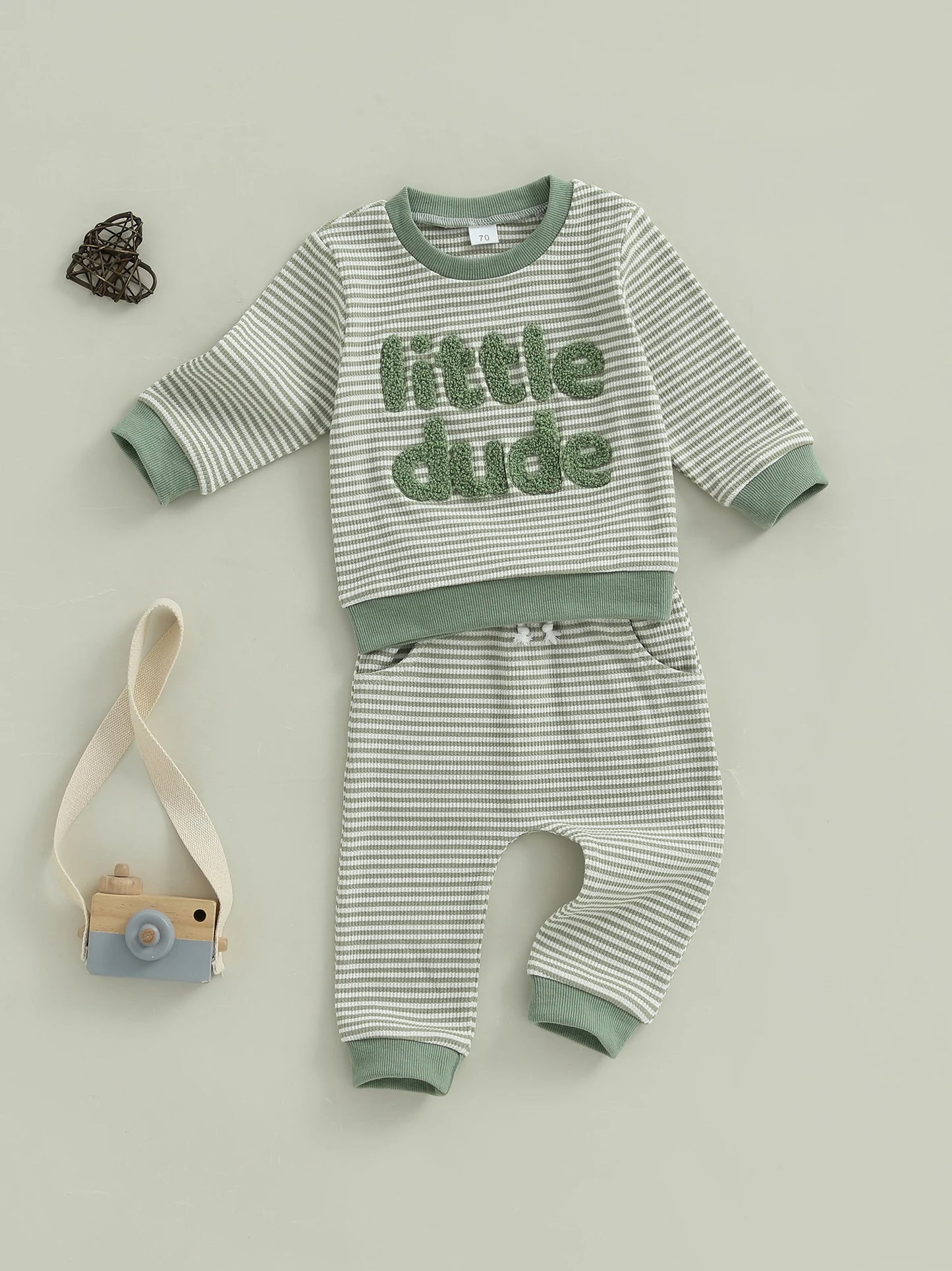 Baby Toddler Boys 2Pcs Little Dude Striped Jogger Set Long Sleeve Letters Embroidery Pullover Top with Pants Fall Outfits