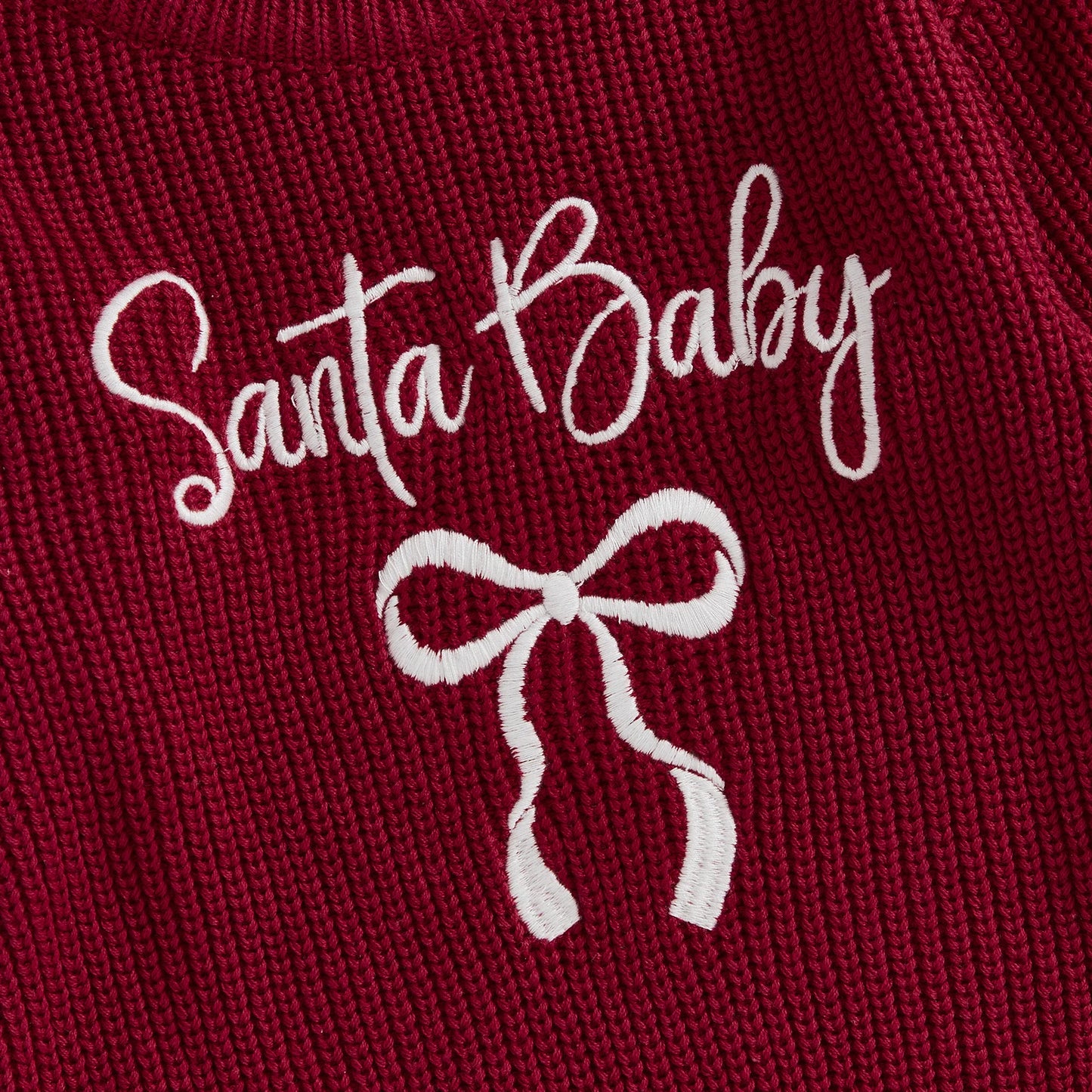 Baby Girl Santa Baby Christmas Romper Loose Fit Letter Bow Embroidery Ribbed Knit Long Sleeve Infant Winter Sweater