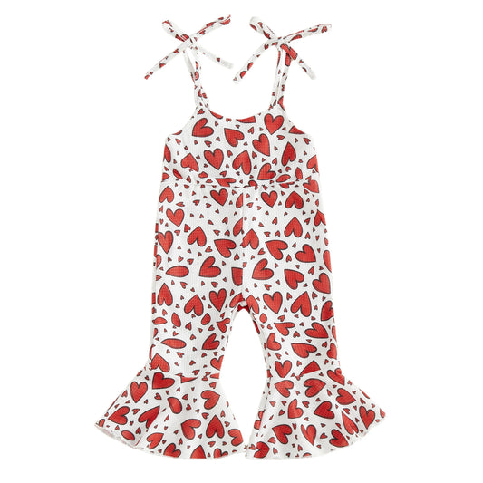 Toddler Kids Girls Valentine's Day Jumpsuit Sleeveless Tie Shoulder Straps Heart Print Romper Bell Bottoms