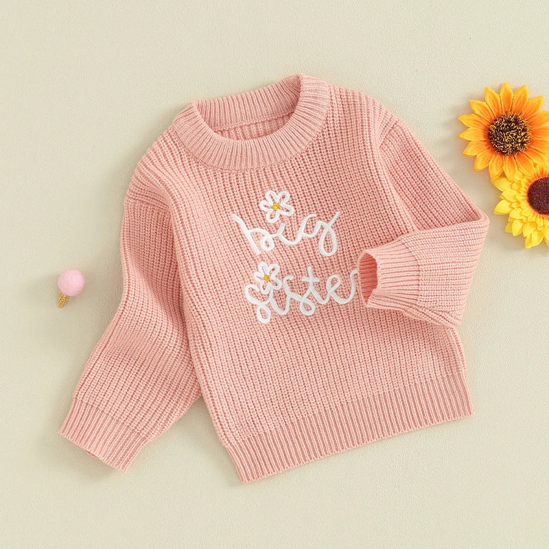 Baby Toddler Kids Girls Sweaters Lil Sister Letter Flower Embroidery Knitted Loose Long Sleeve Top