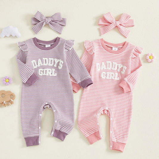 Baby Girls 2Pcs Daddy's Girl Striped Romper Letter Embroidery Ruffled Long Sleeves Jumpsuits and Cute Headband Set
