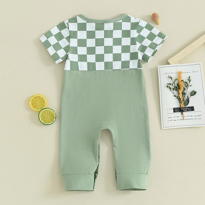 Baby Boys Romper Short Sleeve Crew Neck Checkerboard Print Pocket Casual Jumpsuit