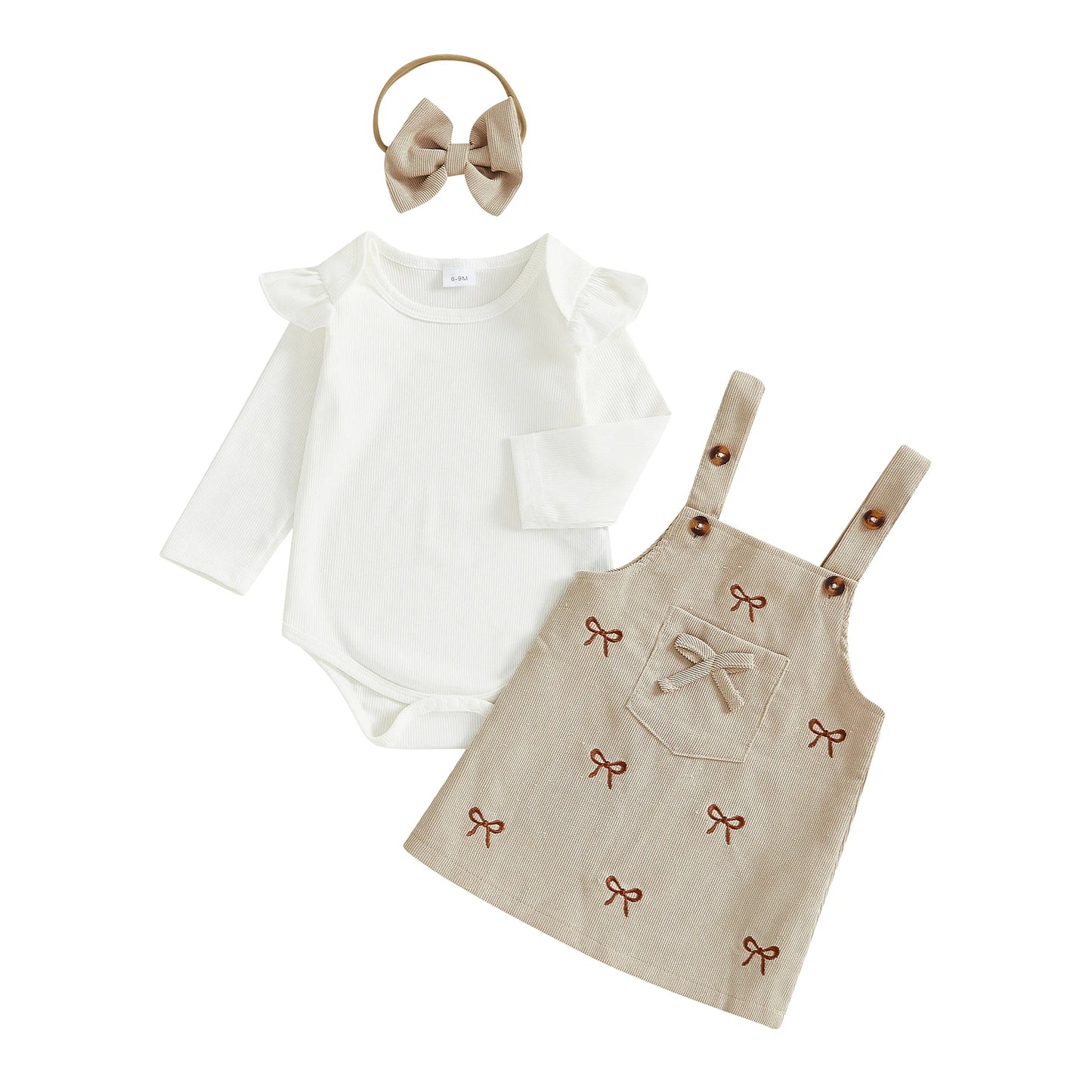Baby Girls 3Pcs Outfit Ruffle Long Sleeve Crew Neck Romper Overall Bow Dress and Headband Set