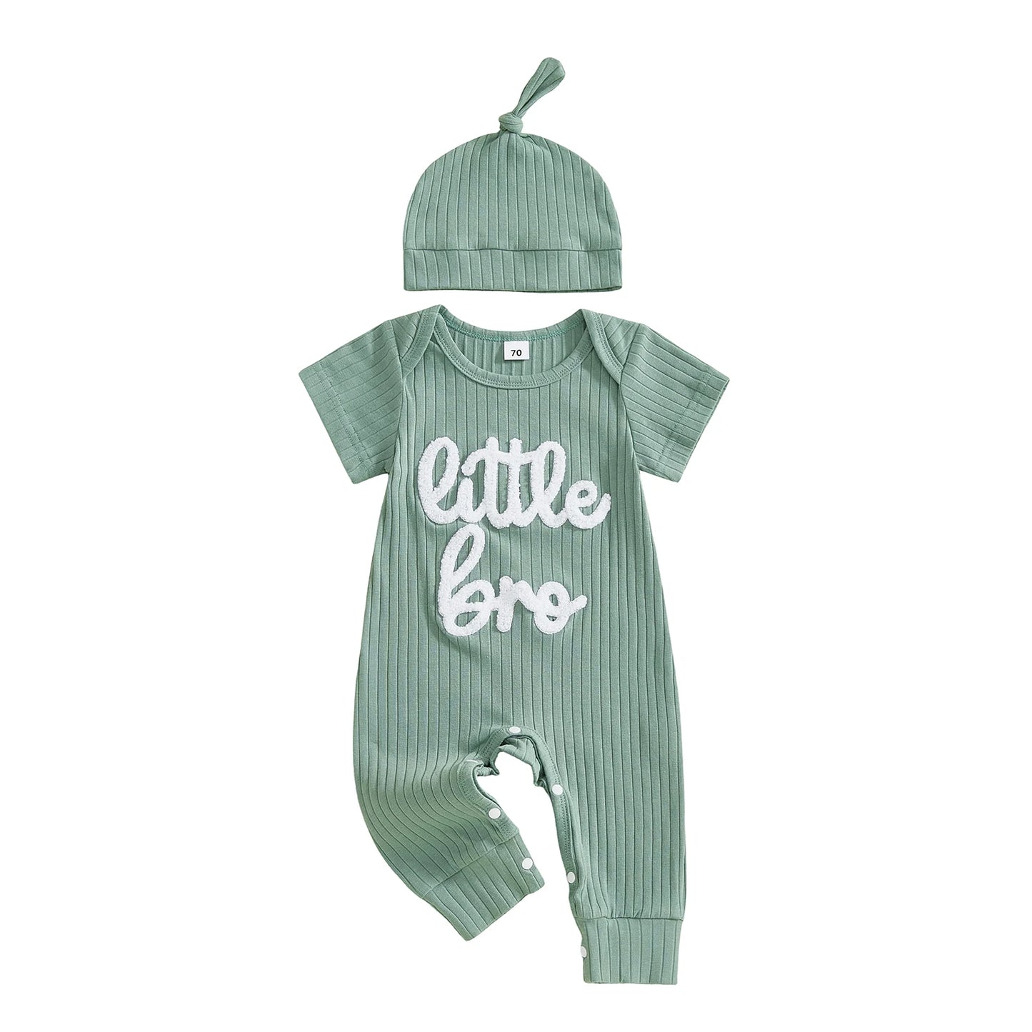 Baby Boy 2Pcs Little Bro Short Sleeve Romper Ribbed Letter Embroidery Round Neck Infant Jumpsuit with Hat Set