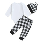 Baby Boy 3Pcs Fall Outfit New To The Crew / Hi I'm New Here / Ladies I Have Arrived Letter Print Long Sleeve Romper and Elastic Checker Pants Beanie Hat Set