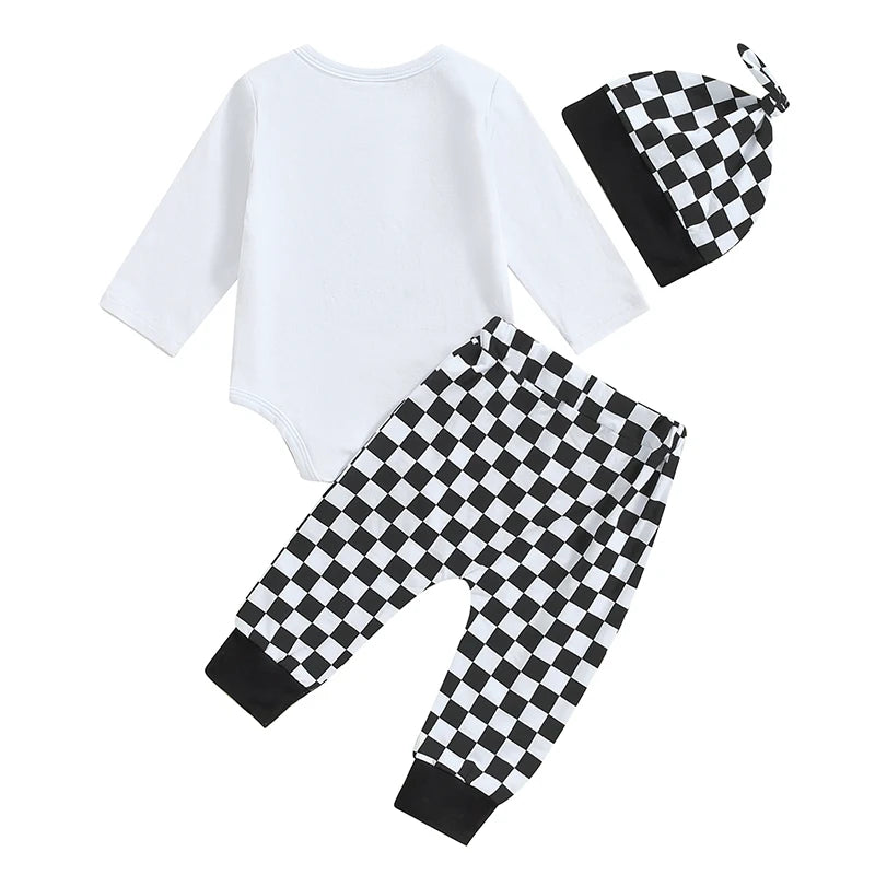 Baby Boy 3Pcs Fall Outfit New To The Crew / Hi I'm New Here / Ladies I Have Arrived Letter Print Long Sleeve Romper and Elastic Checker Pants Beanie Hat Set