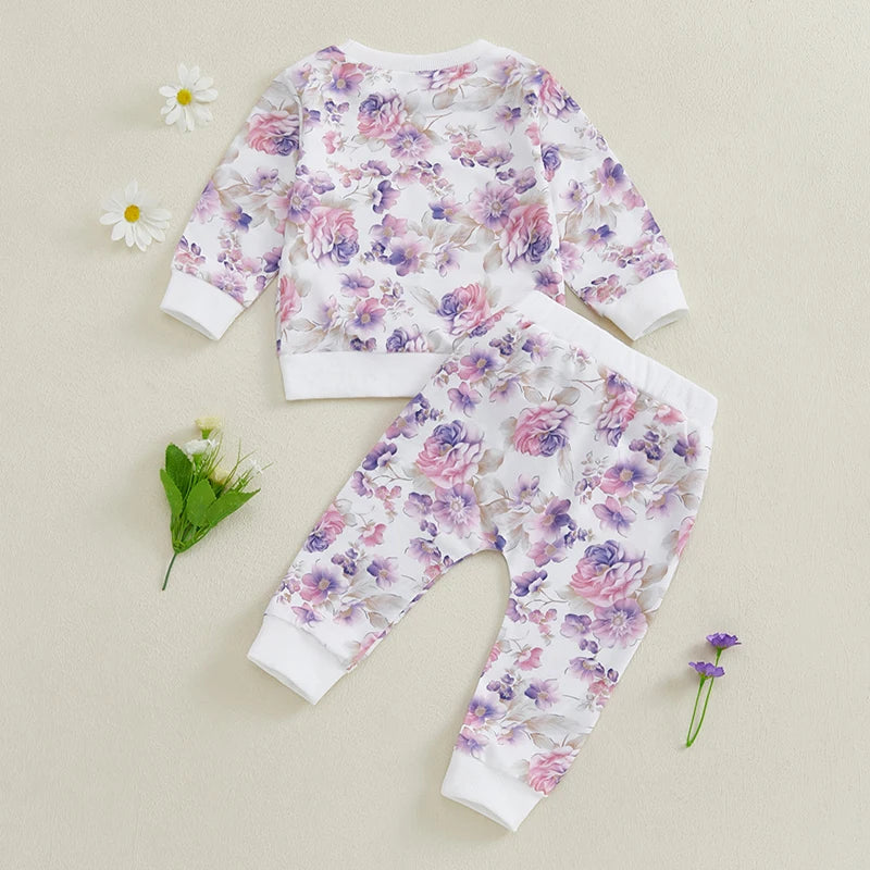 Baby Toddler Girl 2Pcs Spring Fall Outfit Long Sleeve Flower Print Top + Pants Jogger Set