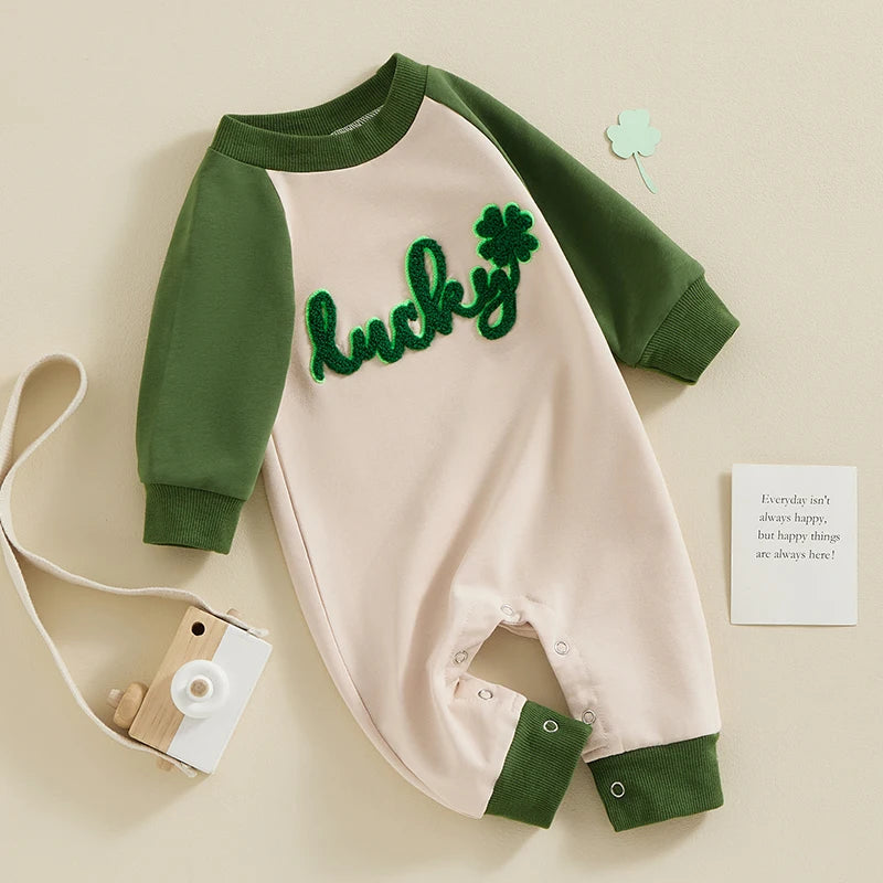 Baby Boy Girl St. Patrick's Day Lucky Shamrock Embroidery Long Sleeve Jumpsuit Romper Spring Clothes