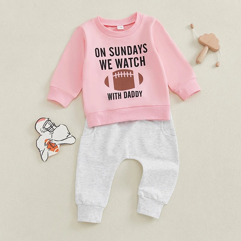 Baby Toddler Boys Girls 2Pcs Fall Outfit On Sundays We Watch Football With Daddy Letter Print Long Sleeve Top Elastic Pants Set