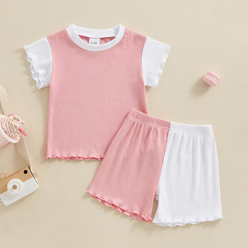 Baby Toddler Girls 2Pcs Contrast Color Short Sleeve Crew Neck Top Frilly Sleeves with Shorts Summer Outfit Set