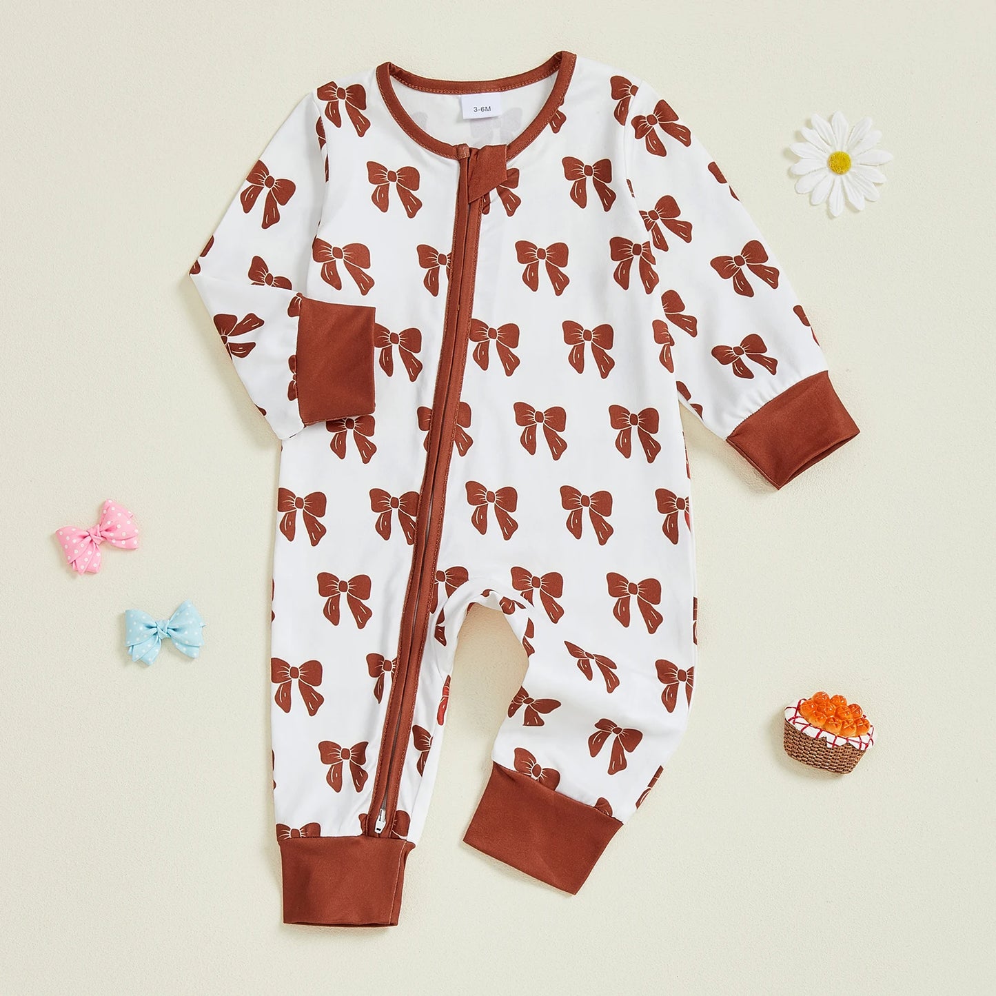 Baby Girl Zipper Romper Long Sleeve Round Neck Bow Print Jumpsuit