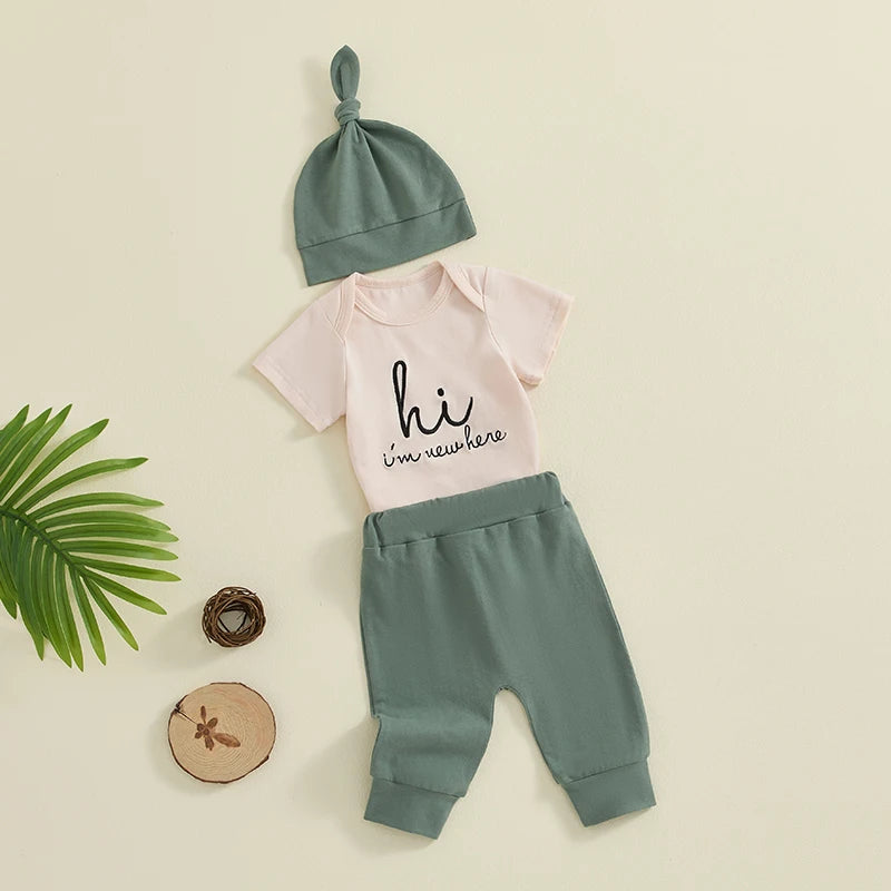 Baby Girl Boy 3Pcs Hi I'm New Here Outfit Letter Embroidery Short Sleeve Romper Elastic Waist Long Pants Hat Clothes Set