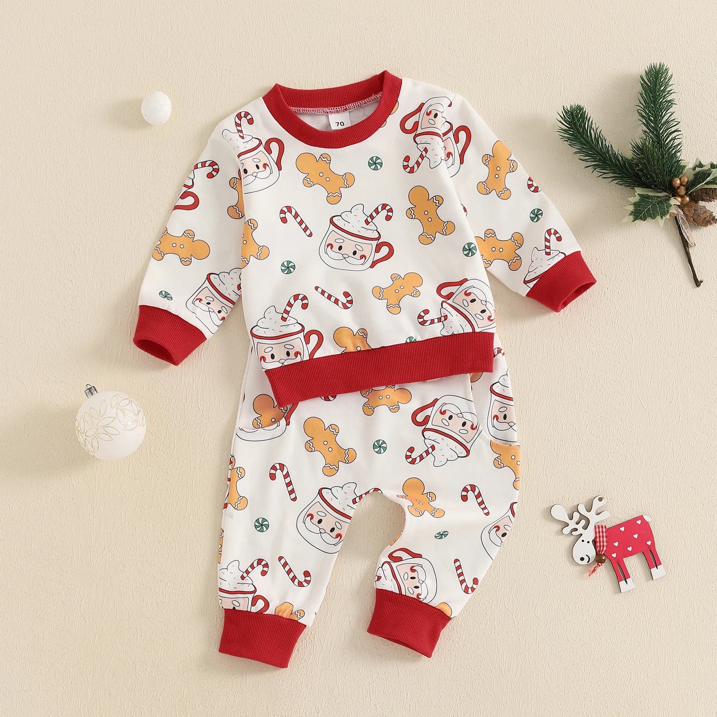 Baby Toddler Boys Girls 2Pcs Christmas Jogger Set Gingerbread Man Santa Mug Print Long Sleeve Top Long Pants Outfit