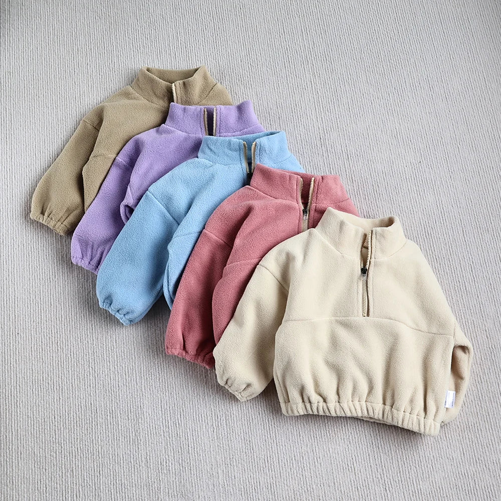 Baby Toddler Boys Girls 2Pcs Sports Sets Fleece Solid Long Sleeve Top Quarter Zip Elastic Waist Pants Outfit