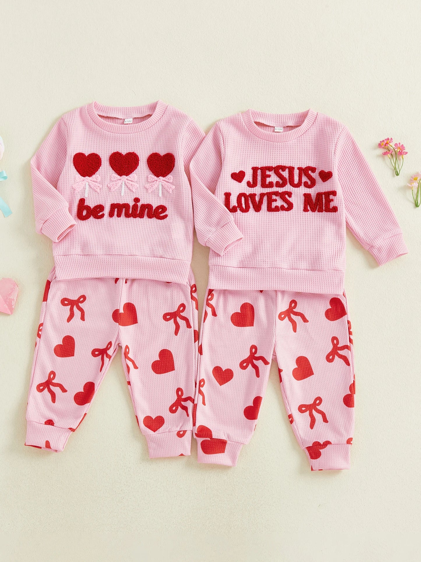 Baby Toddler Girls 2Pcs Valentine's Day Be Mine / Jesus Loves Me Outfit Fashionable Heart Letters Embroidery Long Sleeve Pullover Top with Pants Jogger Set