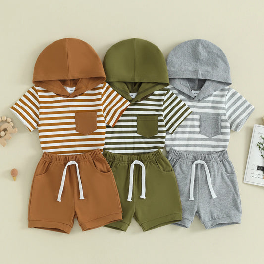 Toddler Baby Boy 2Pcs Spring Summer Clothes Short Sleeve Striped Hooded Top With Pocket Solid Color Jogger Short Set Outfit