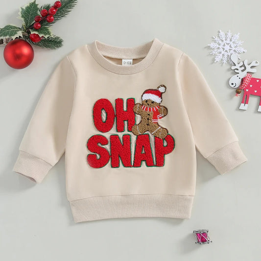 Baby Toddler Boys Girls Oh Snap Christmas Letter Gingerbread Man Embroidery Long Sleeve Crew Neck Pullover Top