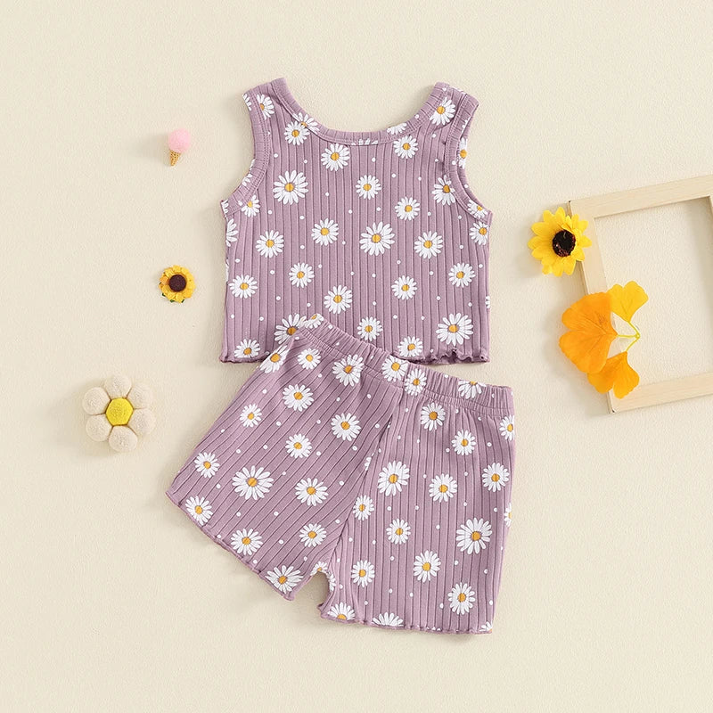 Baby Toddler Kids Girls 2Pcs Summer Clothes Set Sleeveless U Neck Flower Daisy Print Tank Top Shorts Set