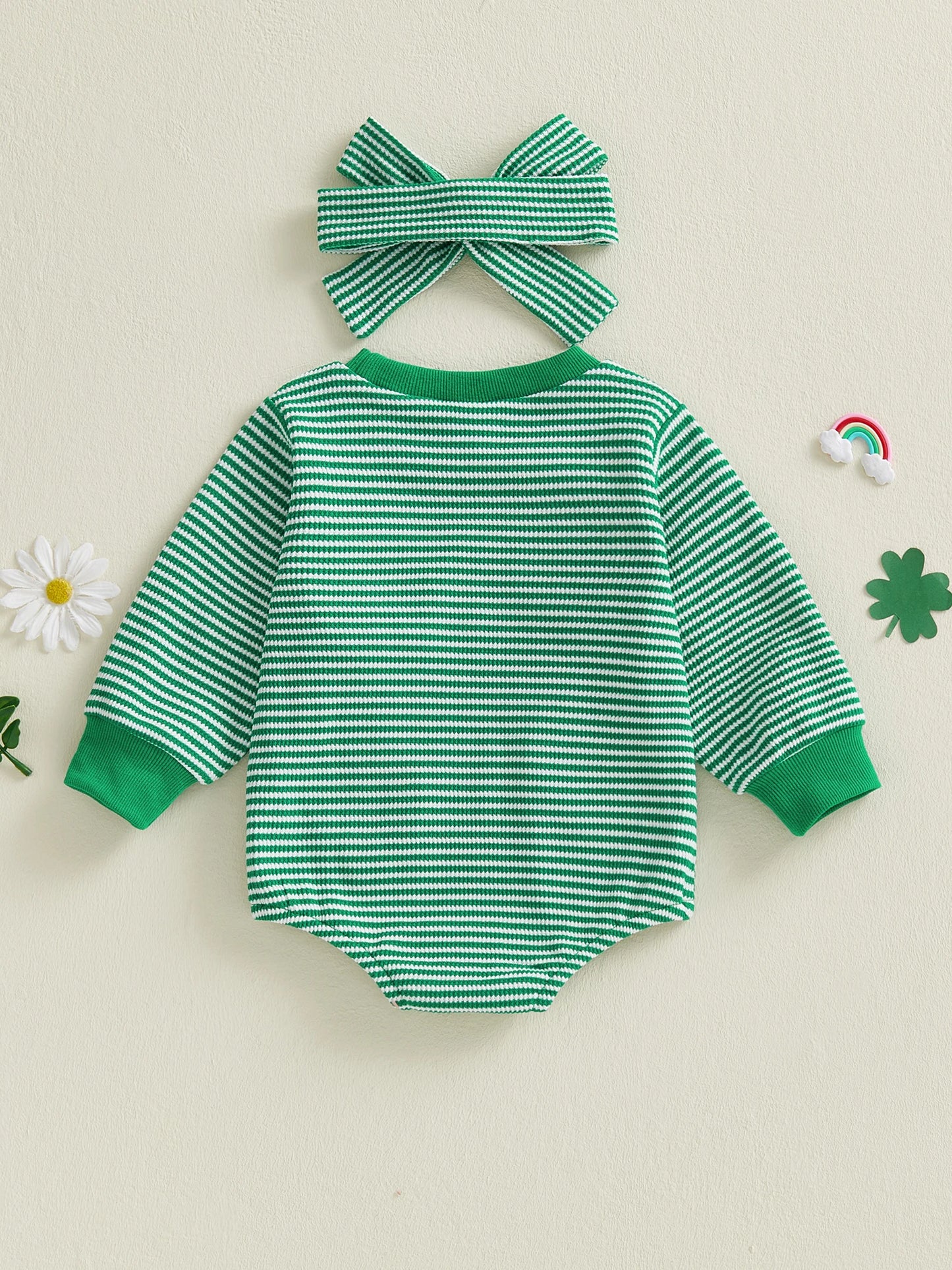 Baby Girl 2Pcs Spring Romper Stripe Shamrock Embroidery Long Sleeve Round Neck Jumpsuit with Headband St. Patrick's Day Set