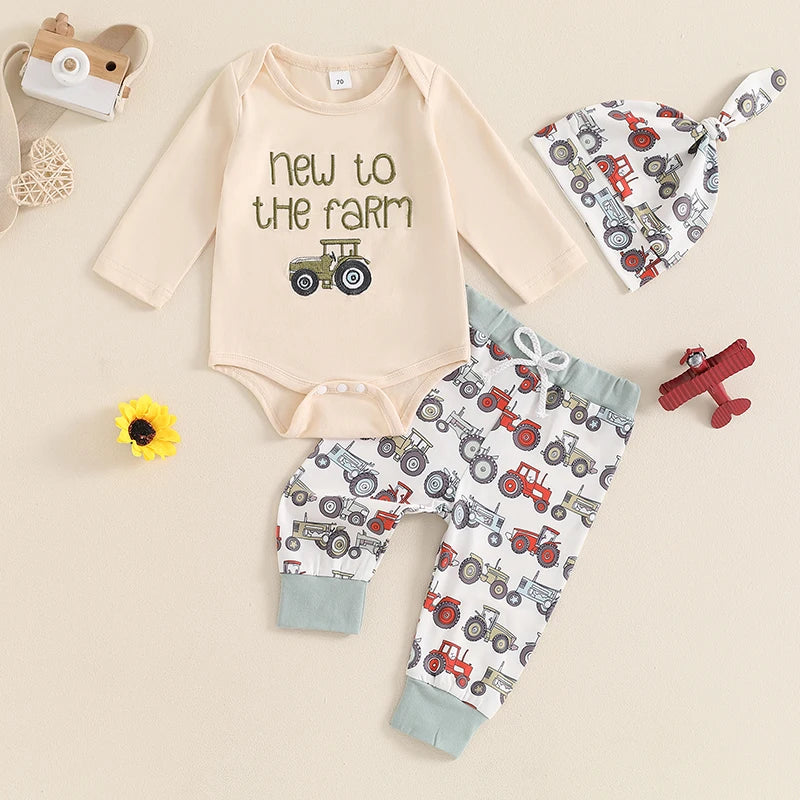 Baby Boys 3Pcs New To The Farm Long Sleeve O-Neck Embroidery Romper with Tractor Print Pants Hat Outfit Set