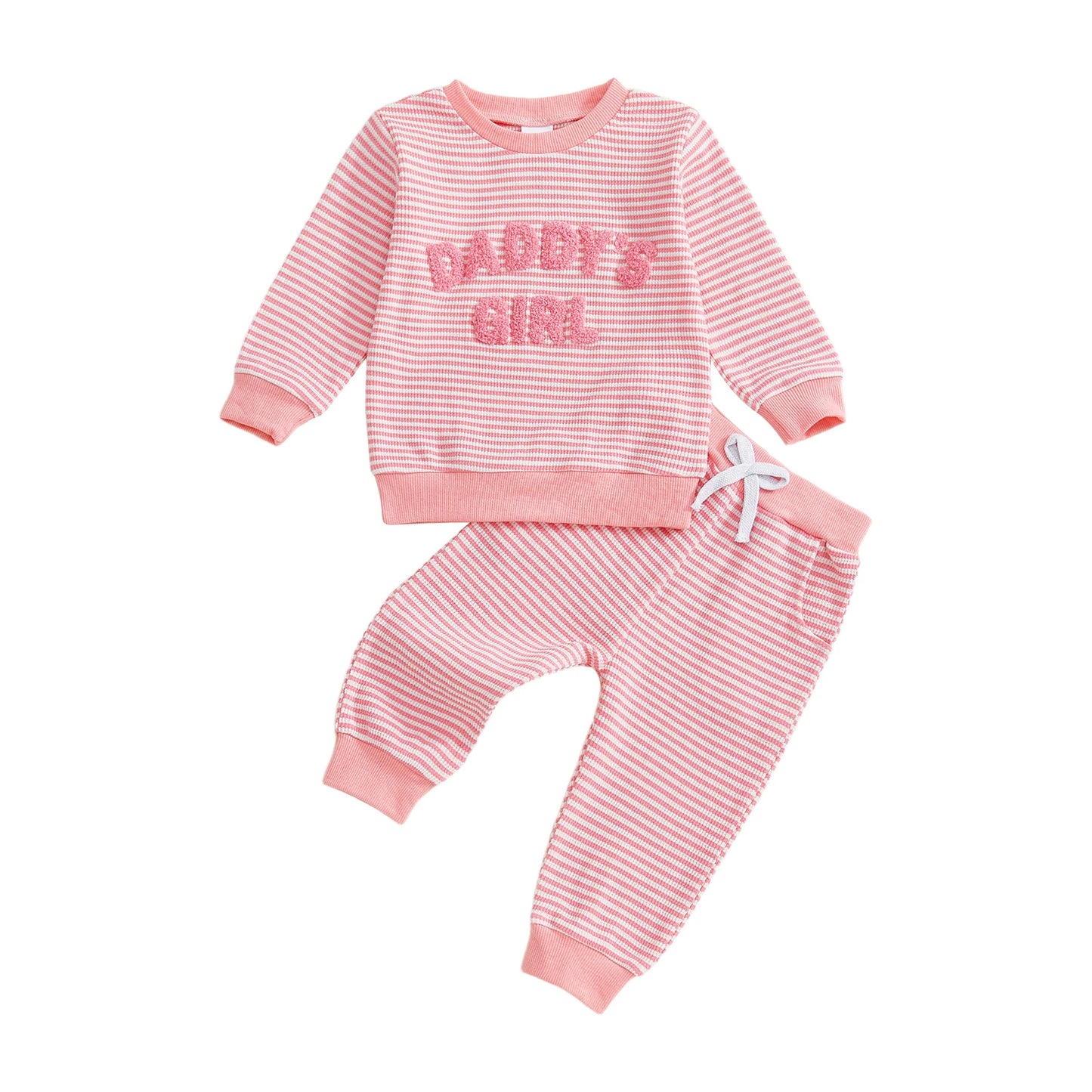 Baby Toddler Girl 2Pcs Daddy's Girl Fall Stripe Outfits Letter Embroidery Long Sleeve Round Neck Pullover Elastic Waist Pants 2Pcs Set