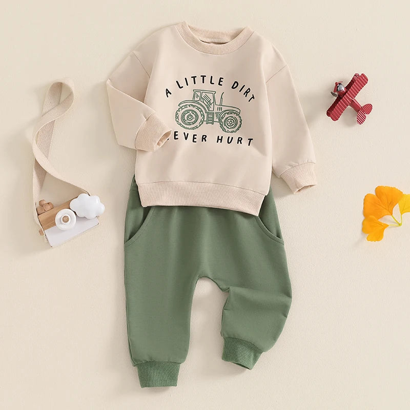 Baby Toddler Boys 2Pcs A Little Dirt Never Hurt Fall Outfit Long Sleeve Tractor Letter Print Top + Pants Set