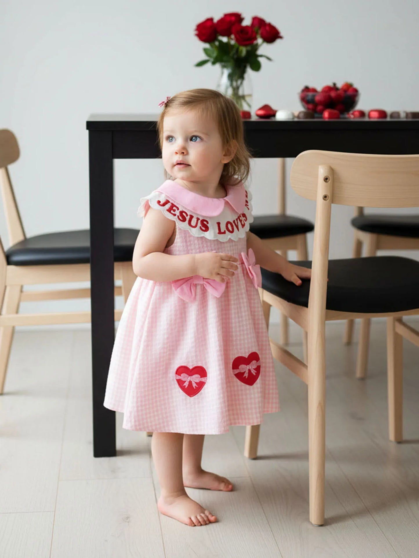 Baby Toddler Girls A-line Dress Valentine's Day Jesus Loves Me Sleeveless Doll Collar Letter Heart Embroidery Plaid Dress