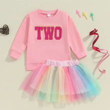 Load image into Gallery viewer, Toddler Kids Girls Birthday Outfit Letter Number TWO THREE FOUR FIVE SIX Embroidery Long Sleeve Top and Rainbow Tulle TuTu Skirt Set
