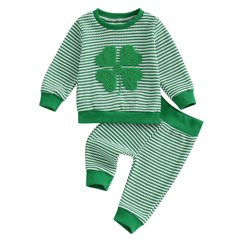 Baby Toddler Girls Boys 2Pcs St. Patrick's Day Outfit Long Sleeve Shamrock Four Leaf Clover Embroidery Crewneck Top + Stripes Jogger Pants Set Spring Clothes