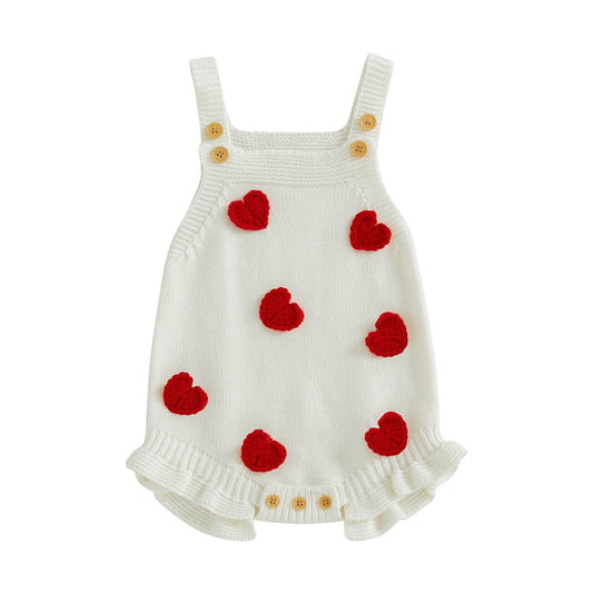 Baby Girl Valentine’s Day Sweater Romper Sleeveless Square Neck Heart Bodysuit Newborn Knit Overalls