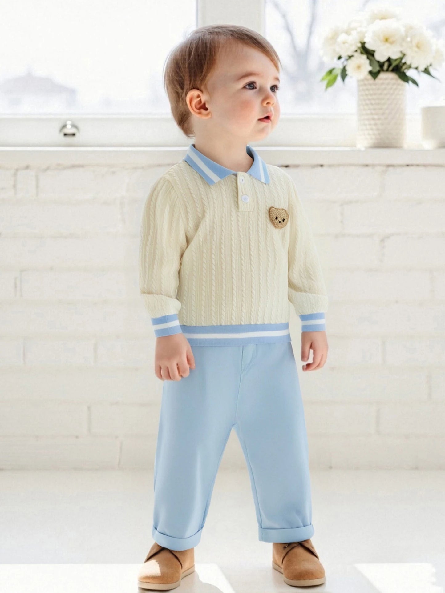 Baby Toddler Boys 2Pcs Fall Outfit Long Sleeve Bear Embroidery Lapel Top + Pants Set