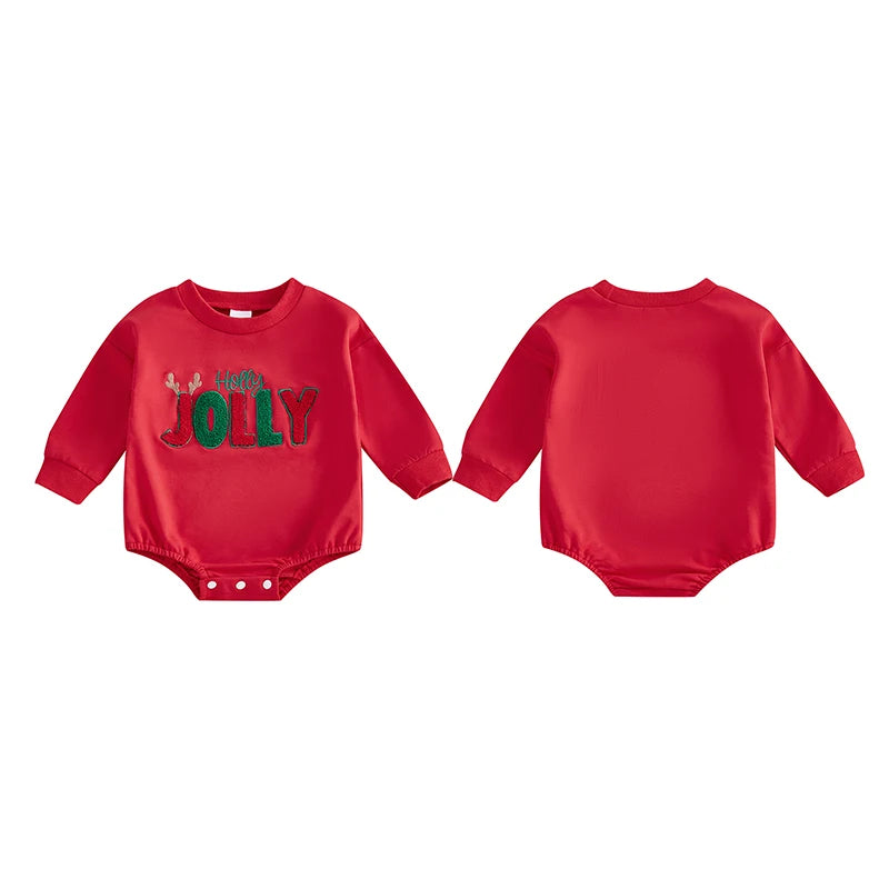 Baby Girls Boys Holly Jolly Christmas Bubble Romper Antler Letter Embroidered Long Sleeve Round Neck Jumpsuit