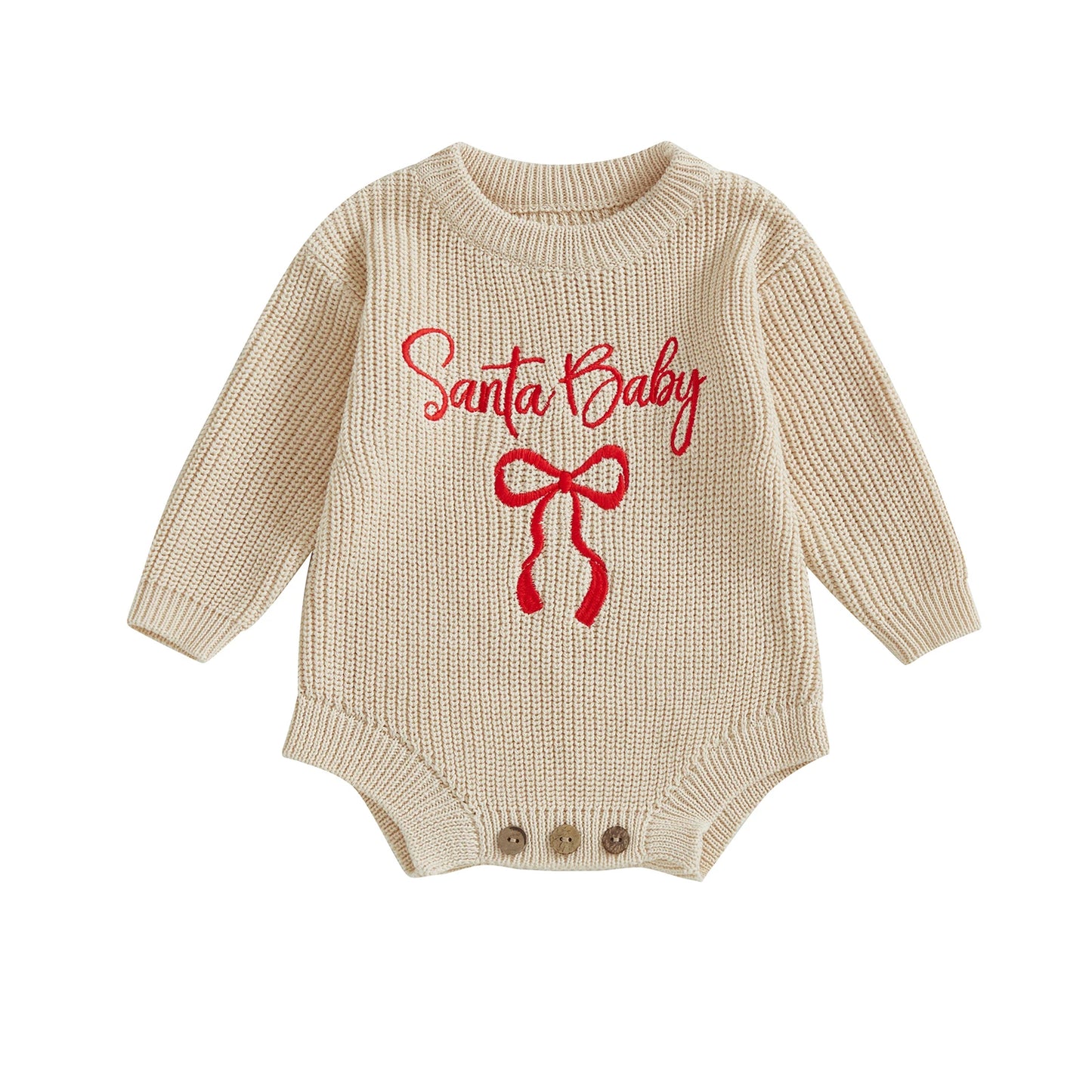 Baby Girl Santa Baby Christmas Romper Loose Fit Letter Bow Embroidery Ribbed Knit Long Sleeve Infant Winter Sweater
